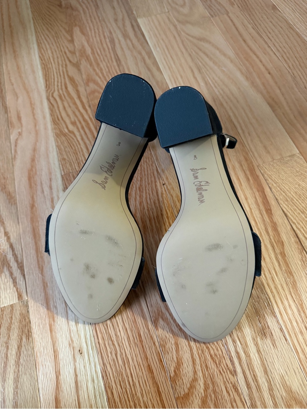 Sam Edelman Black Suede Scalloped Ankle-Strap Block Heels - Picture 3 of 3